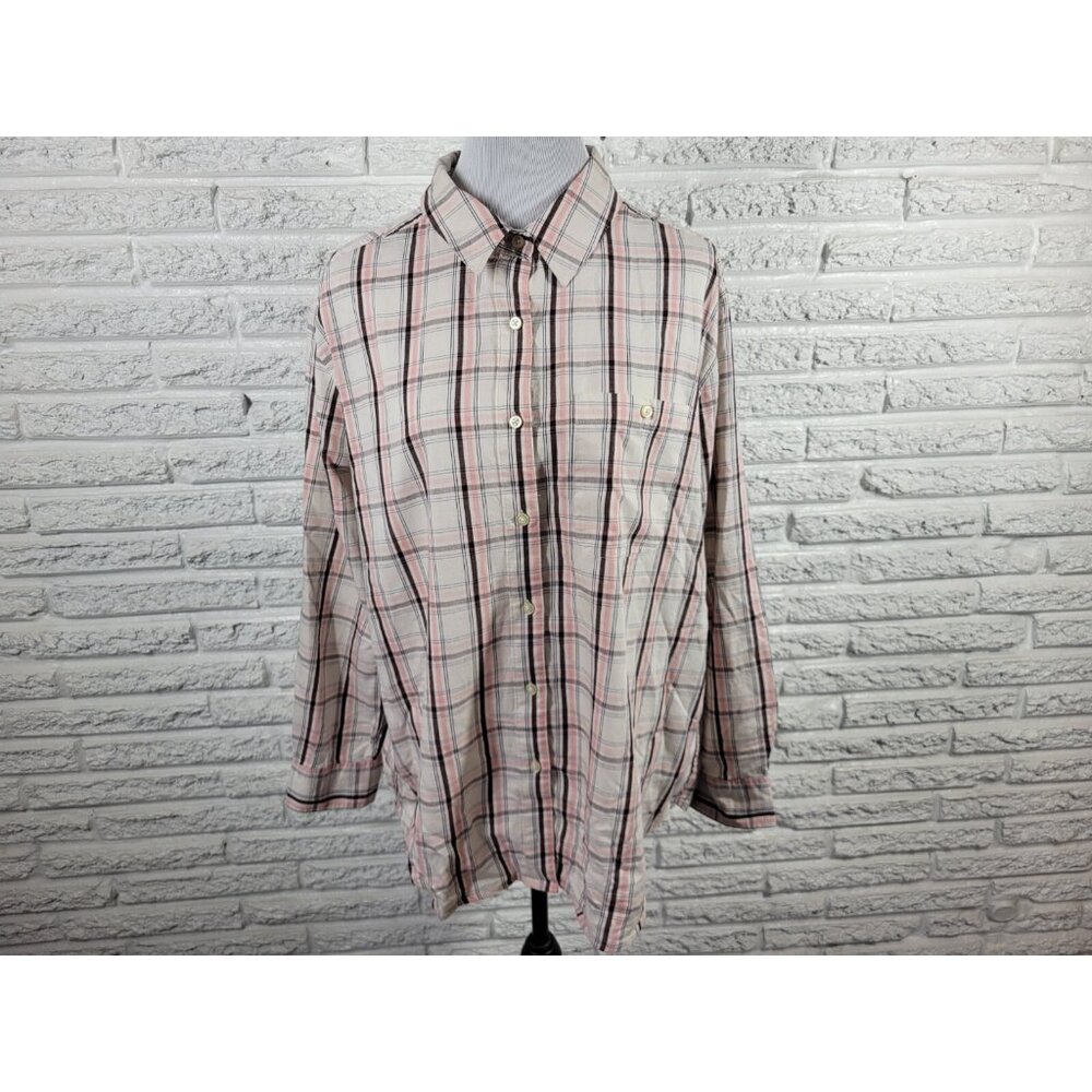Lee Women Top 1X Plus Sleeve Brown Pink Plaid Cotton Pocket PLA132E